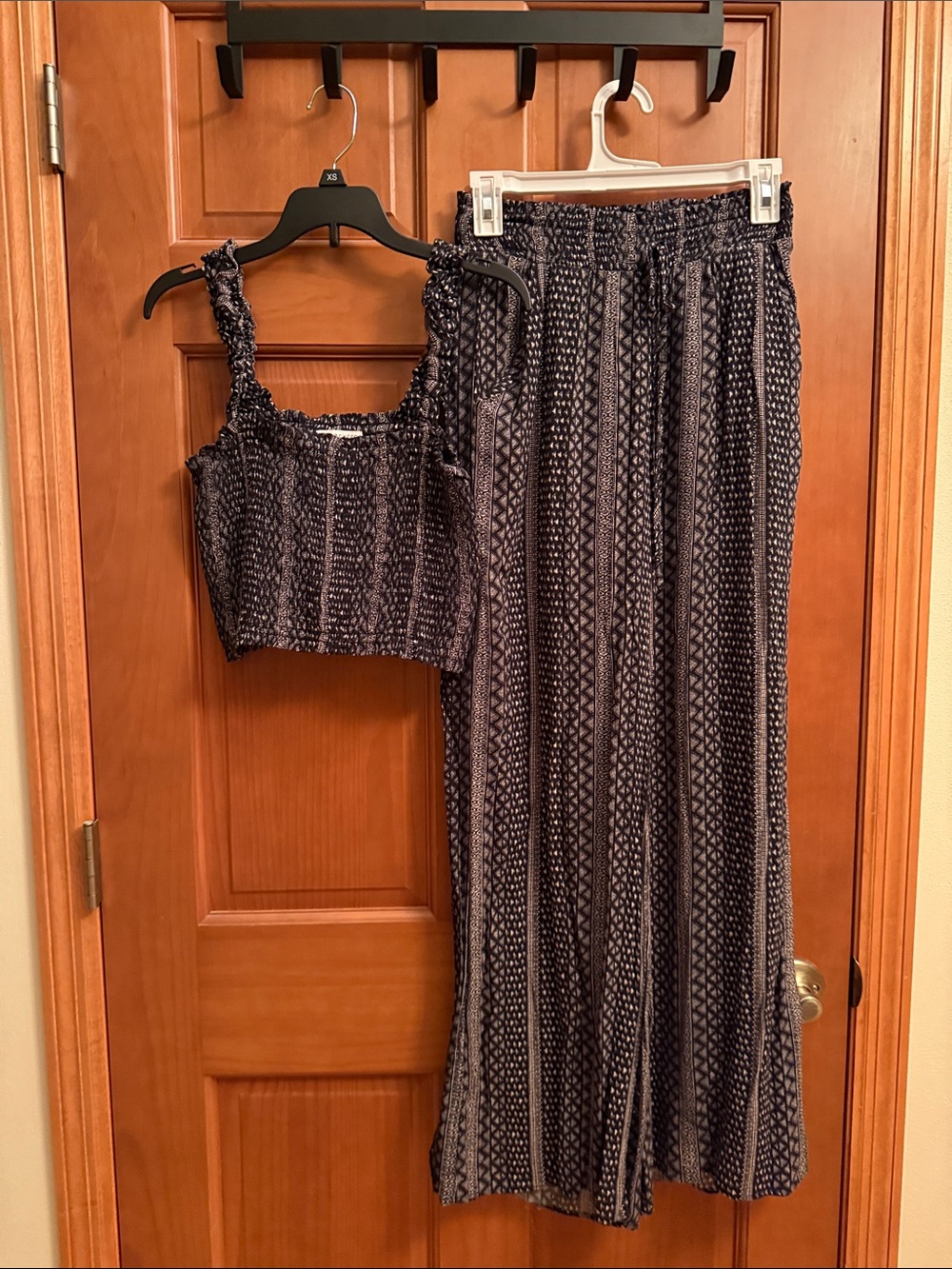 Paper Crane Navy Patterned Wide-Leg Pants with Smocked Crop Top